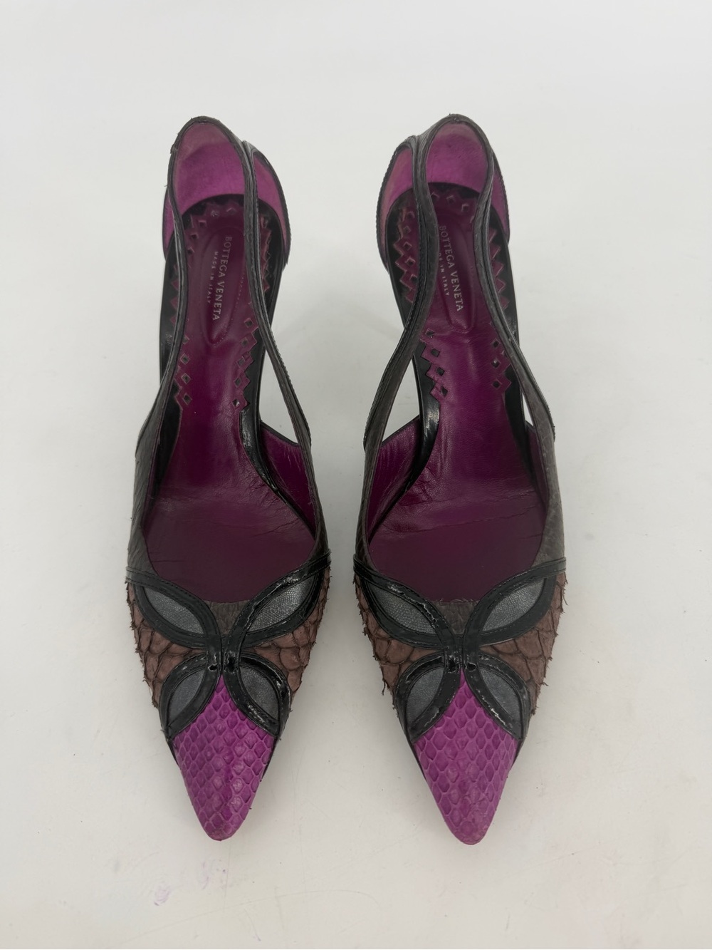 Bottega Veneta Multicolor Python And Patent
Leather Peep Toe Pumps Size 36.5
